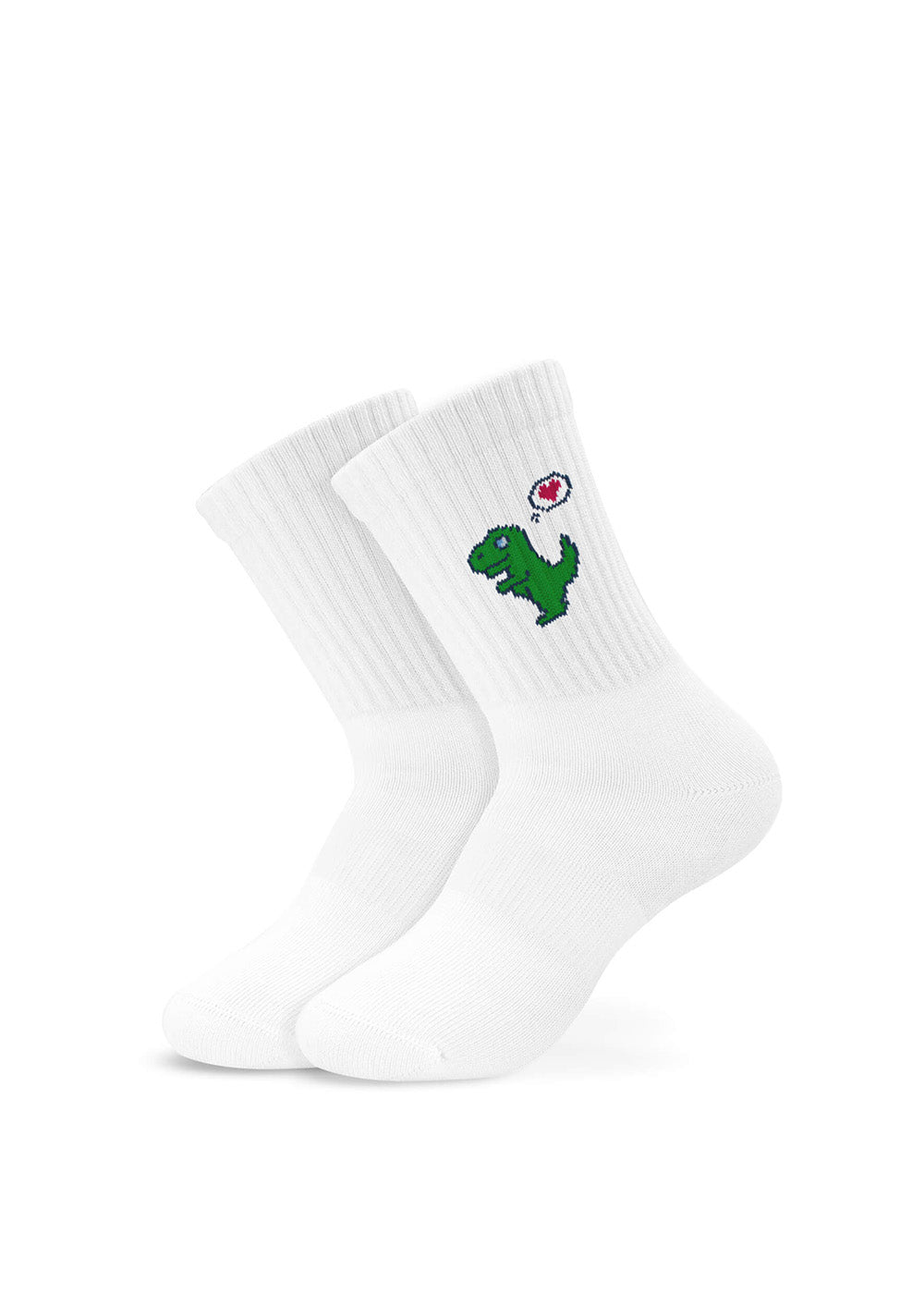 J.Clay Dino Love - Kinder: Weiße Socken mit grünem Dino und Herz am Bund.