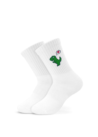 J.Clay Dino Love - Kinder: Weiße Socken mit grünem Dino und Herz am Bund.