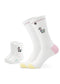 Zwei Paar weiße J.Clay Partner-Look Socken mit gestickten Lamas: ein größeres Paar mit pastellfarbenen Fersen und Zehen und ein kleineres Paar für Babys, beide mit dem niedlichen Lamamotiv an der Seite.