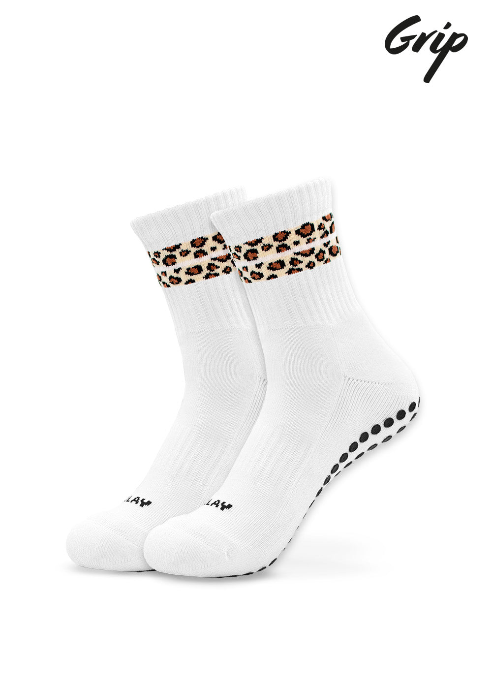 J.Clay Leo Stripes Grip Socken mit Leopardenband und Eco Grip Dots, perfekt für Reformer Pilates.