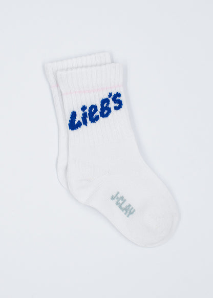 Zwei weiße J.Clay „Lieb‘s – Mini“-Socken mit blau-grauem Aufdruck, aus weicher Baumwolle.