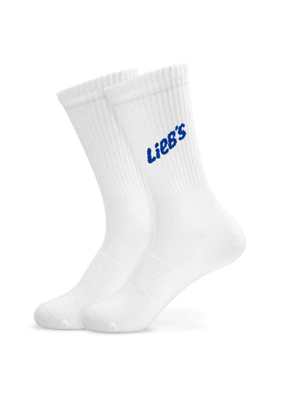 Paar weiße Lieb's Tennissocken von J.Clay mit blauem Text, hergestellt aus hochwertiger Baumwollmischung.