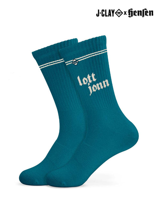 Socken von Teal Lott Jonn 2.0, weiße Streifen, J.Clay-Logo in der Ecke.