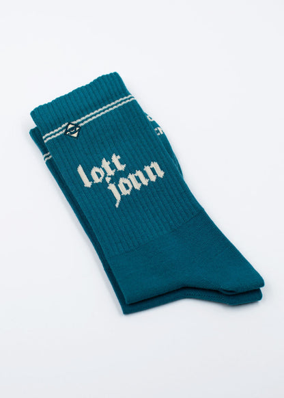 J.Clay Lott Jonn 2.0 Socken in Blaugrün mit weißen Streifen, inspiriert von Mönchengladbach.