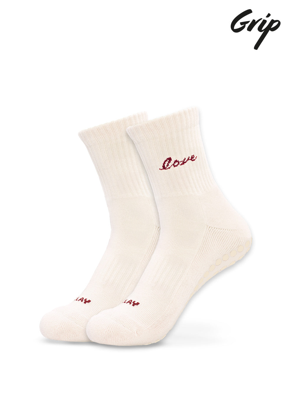 J.Clay Love Grip weiße Socken mit rotem Love-Text und Grip-Punkten auf den Sohlen.