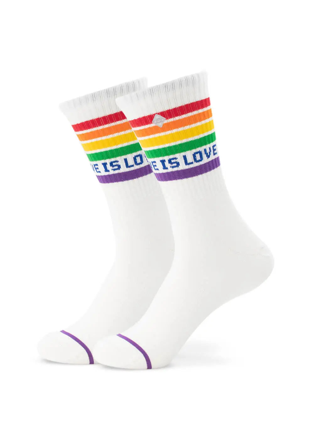 J.Clay Bestseller Pack Seven: weiße Socken mit Regenbogenstreifen, LOVE IS LOVE, lila Zehen.