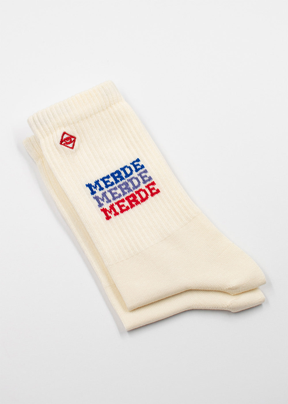 J.Clay Merde Merde Socken in Blau, Weiß, Rot - französischer Style zum Anziehen.
