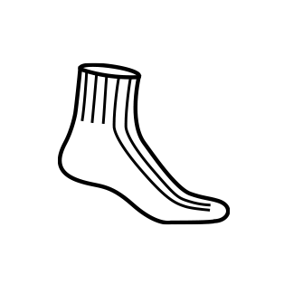 Eine einfache schwarz-weiße Strichzeichnung eines Sockens aus der Seitenansicht, mit geschwungenen Linien, die die Form und die gerippten Details am oberen Ende andeuten.