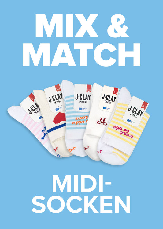 Sechs Paar J.Clay MIX  MATCH – Midi-Socken mit dem oben genannten Aufdruck.