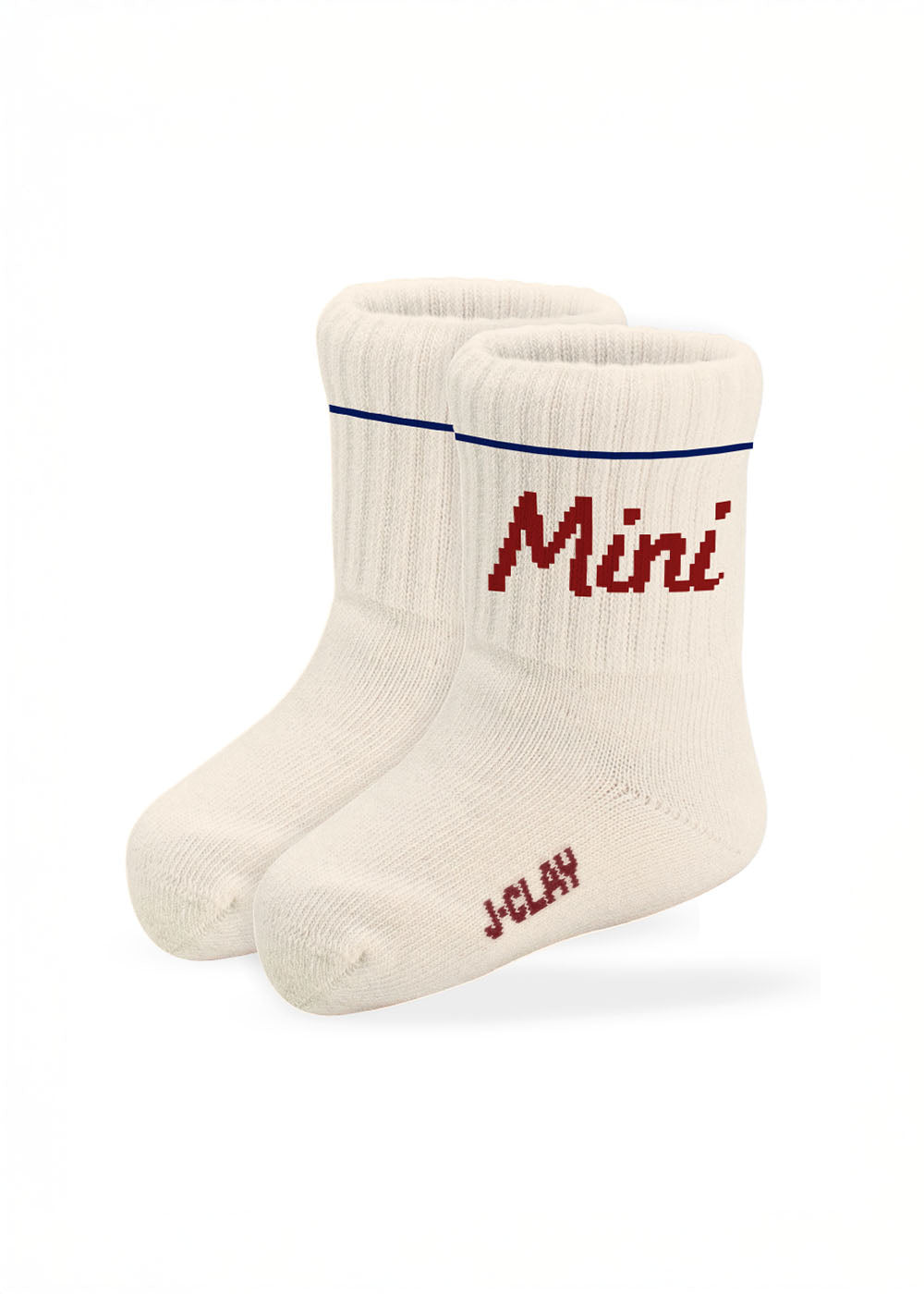 Weiße Socken von J.Clay's Mini Dad - Fam Pack mit "Mini" in Rot und J.Clay an der Sohle.