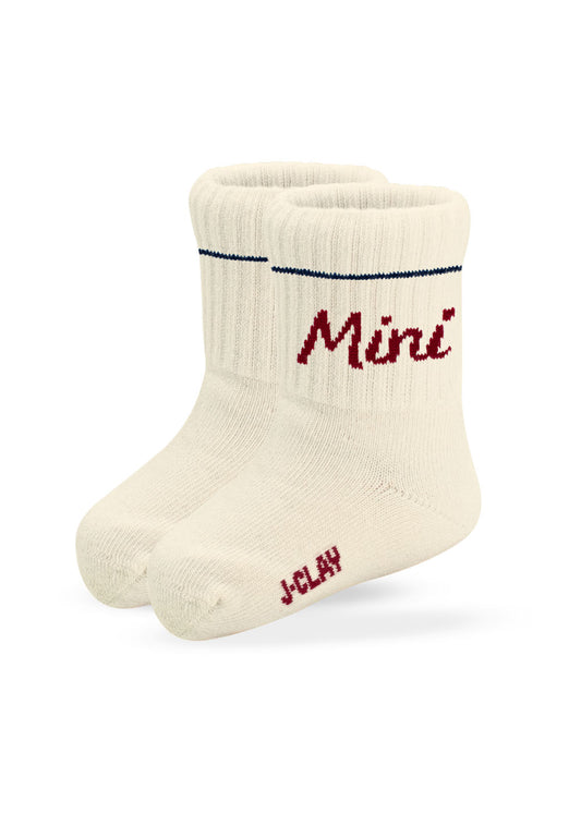 Cream Mini - Mini-Socke von J.Clay: roter "Mini"-Schriftzug, blauer Streifen, hochwertige Kindersocken.