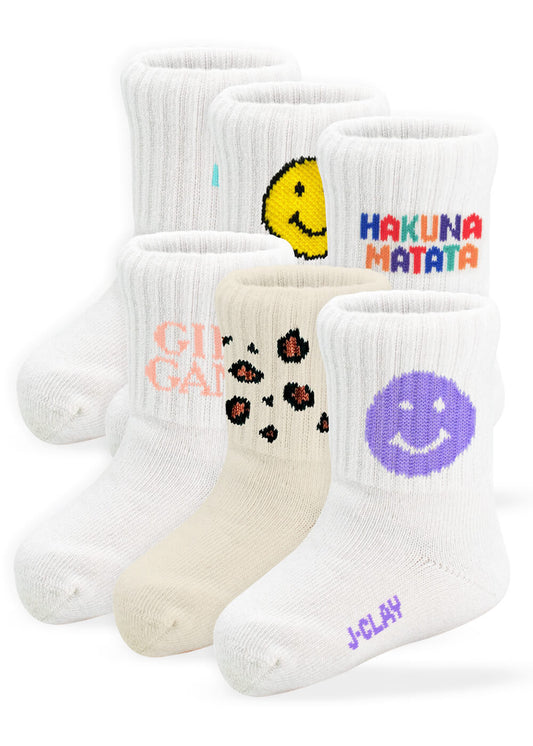 Sechs Paar J.Clay Baby Socken mit Smiley-Gesichtern, "HAKUNA MATATA", "GIRL GANG", Leopardenmuster und mehr - ideal für Kinder Socken 0-4 Jahre in Pastell- und neutralen Farben.