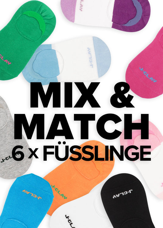 Bunte J.Clay Söckchen, Füßlinge die nicht rutschen, angeordnet in einem Kreis um den fetten schwarzen Text MIX & MATCH 6 x FÜSSLINGE auf einem weißen Hintergrund.