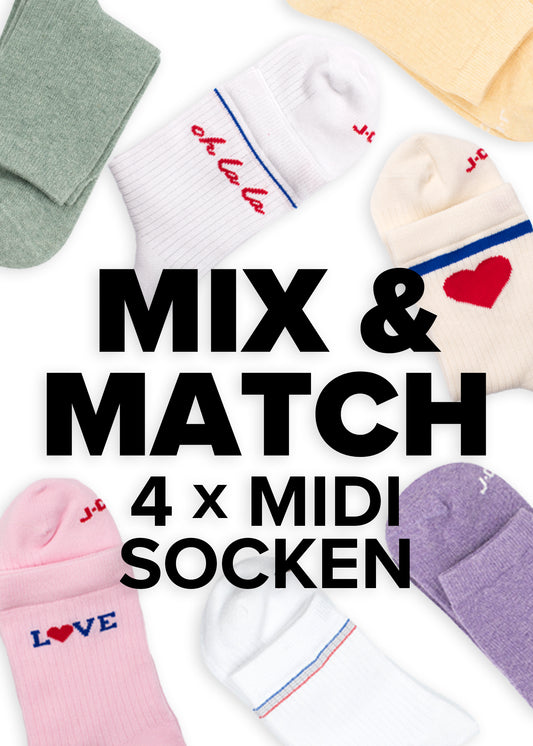 Eine Auswahl an bunten J.Clay Midisocken mit einzigartigen Mustern und Wörtern umgibt fetten schwarzen Text: MIX & MATCH 4 x MIDI SOCKEN BUNDLE - sparen beim Kombinieren auf weißem Hintergrund. - Halbhohe Socken für Frauen