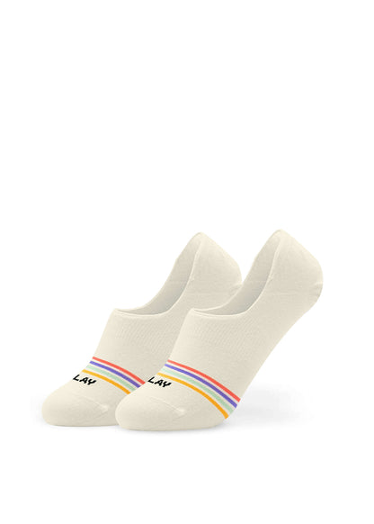 J.Clay Multi Stripes - Füßlinge: cremefarbene Socken mit Regenbogenstreifen und LAV-Text an den Zehen.