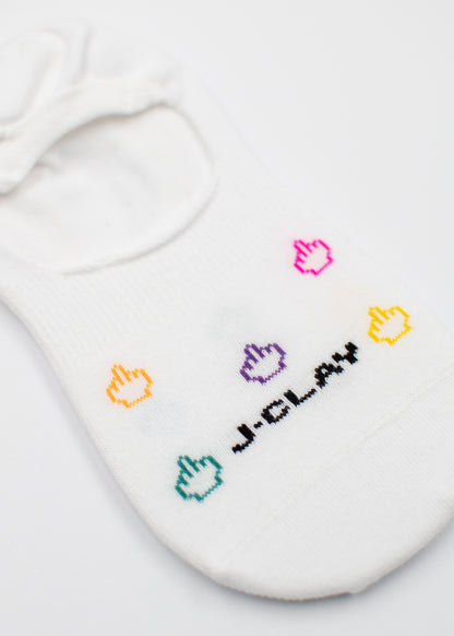 J.Clay Nice Day Füßlinge: weiße Socken mit bunten Handsymbolen und J.Clay-Stickerei.