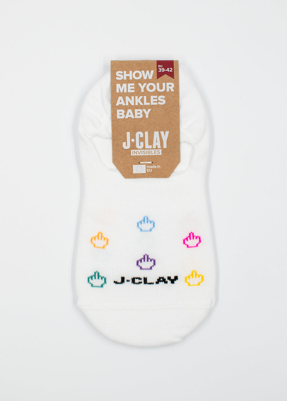Weiße Söckchen mit bunten Handsymbolen, J.Clay-Logo und Nice Day - Füßlinge-Label auf der Oberseite.