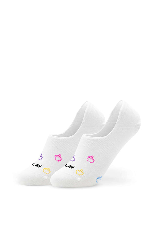 Nice Day - Füßlinge von J.Clay: weiße Sneakersocken mit Cursor-Symbolen, LAF-Text und Smiley.