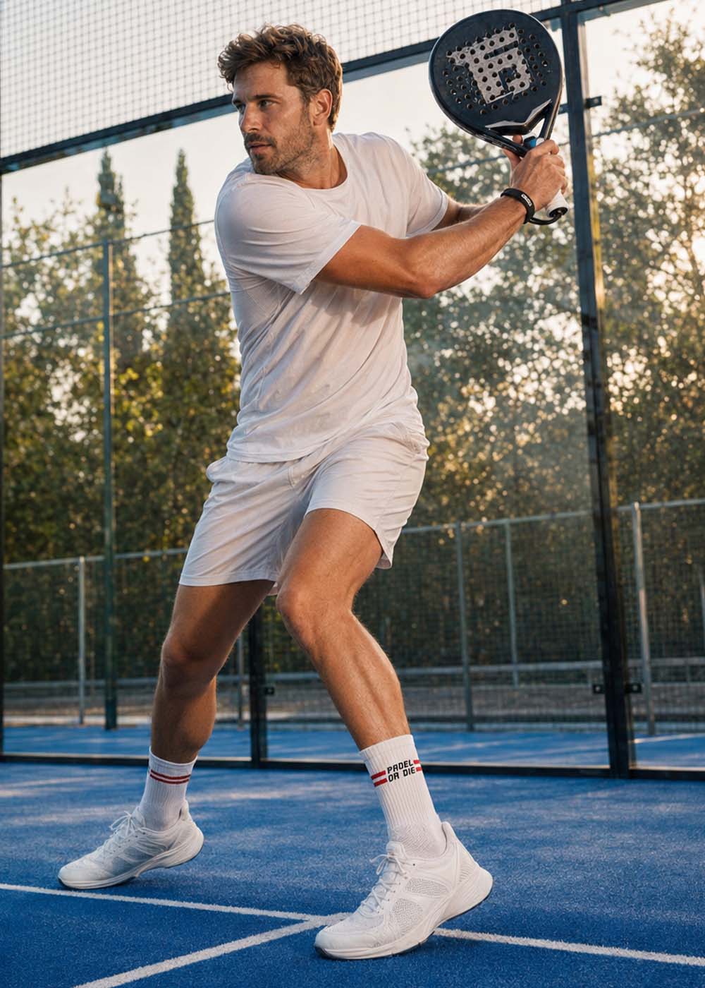 Ein Mann in weißer Sportkleidung und „J.Clay Padel or Die“-Socken spielt Padel auf einem blauen Außenplatz.