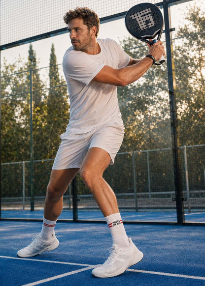 Ein Mann in weißer Sportkleidung und „J.Clay Padel or Die“-Socken spielt Padel auf einem blauen Außenplatz.