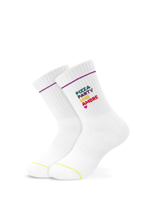 J.Clay Pizza Party - Kids: weiße Socken mit lila, gelben und bunten Textakzenten.