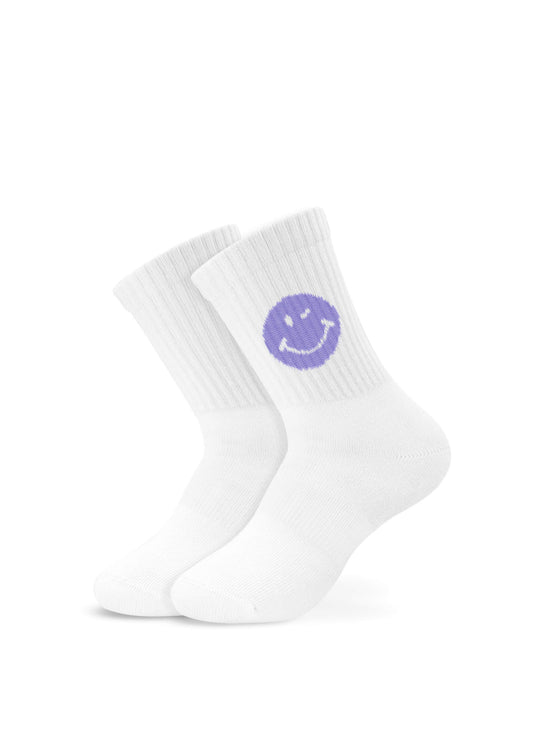 J.Clay Purple Smile - Kindersocken, weiß mit einem lila Lächeln Grafik an den Seiten, aufrecht.