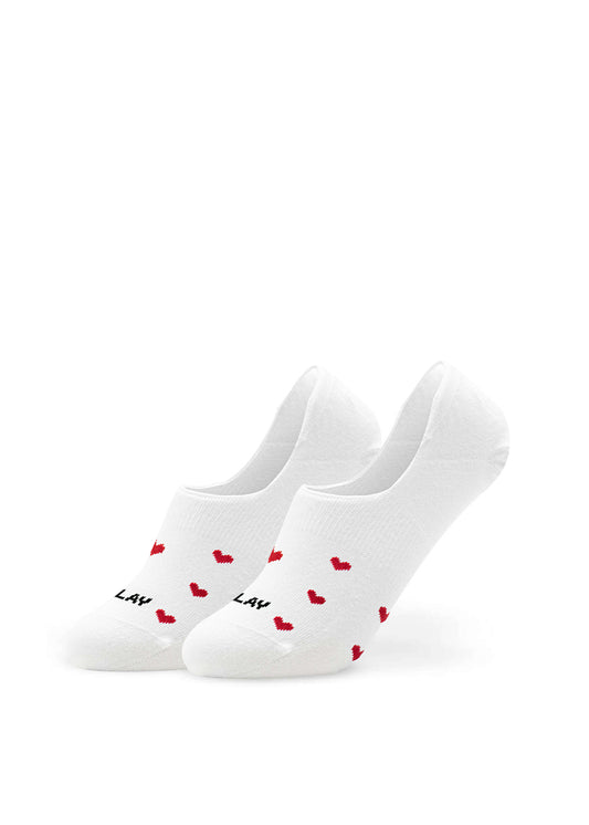 J.Clay Red Hearts - Füßlinge: weiße, rutschfeste Socken mit roten Herzen und schwarzem Zehentext.