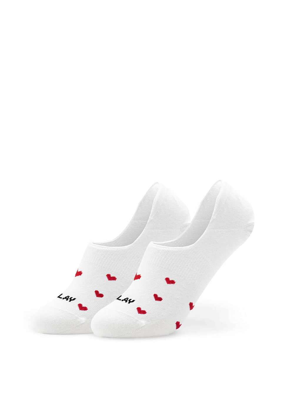 J.Clay Red Hearts - Füßlinge: weiße, rutschfeste Socken mit roten Herzen und schwarzem Zehentext.