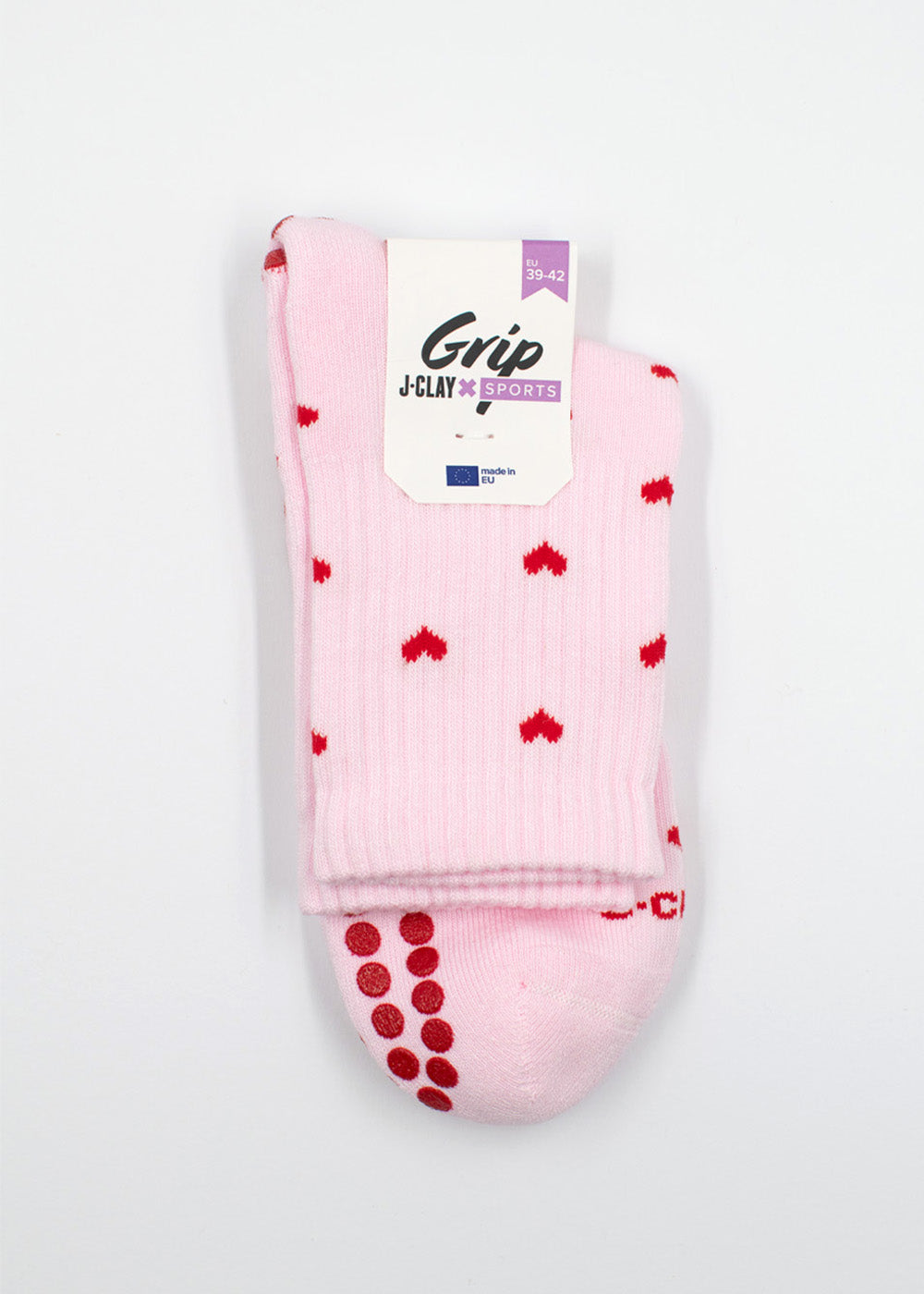 J.Clay Red Hearts Grip-Socken mit Eco Grip-Punkten, perfekt für Reformer-Pilates-Sitzungen.