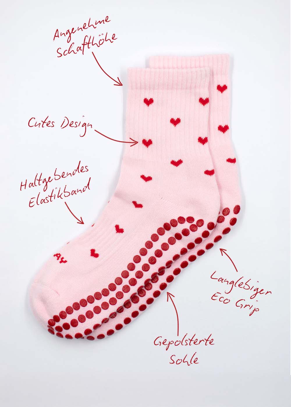 Red Hearts Grip von J.Clay - rosa Socken mit roten Herzen und griffigen Sohlen für Reformer Pilates.
