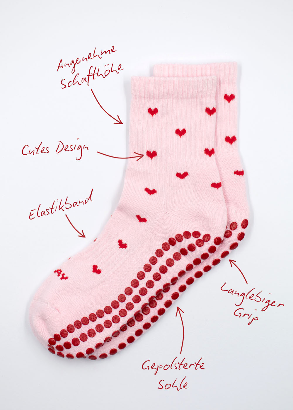 J.Clay Pilates Mix Pack: Griffsocken mit roten Herzen und deutschem Text für Reformer Pilates.