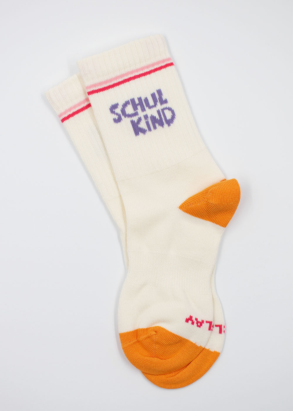 Schulkind - Orange Lila Kindersocken von J.Clay mit orange, lila und roten Details.