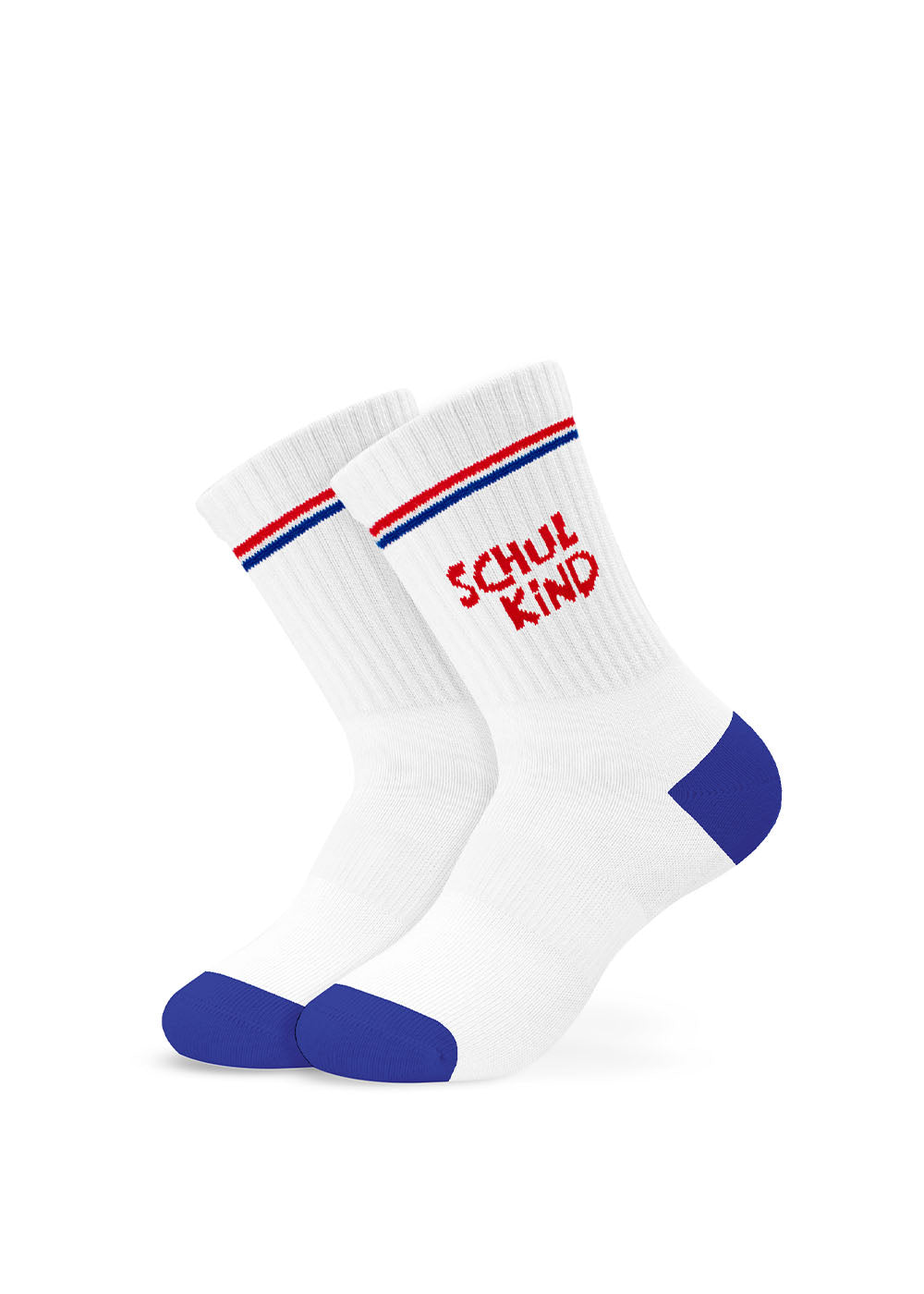 J.Clay Schulkind - Rot Blau Kinder: Weiße Socken mit blauen Zehen, rotem Text und rot-blauen Streifen.