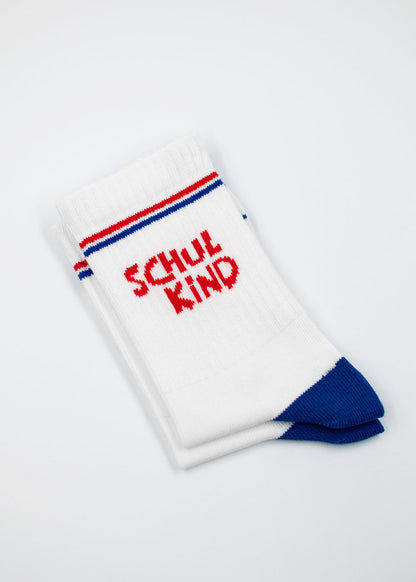 J.Clay Schulkind - Red Blue Kids: weiße Socken mit blauen Zehen, roten Streifen  SCHULKIND in rot.