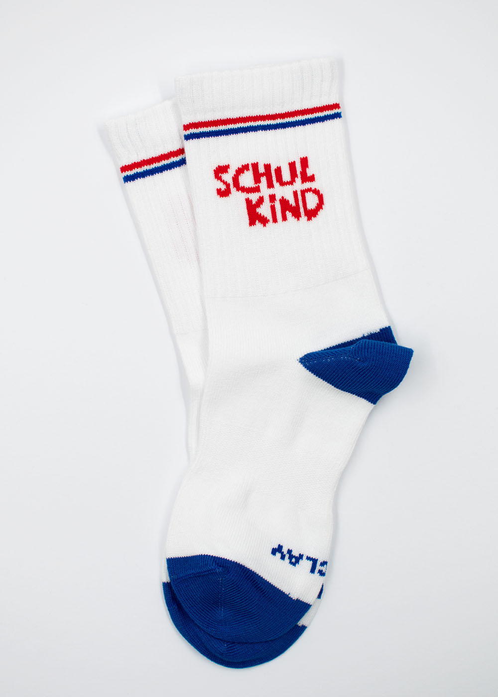 J.Clay Schulkind - Red Blue Kids Socken: weiß mit blauen Zehen, rot/blau gestreift, und rot SCHULKIND.