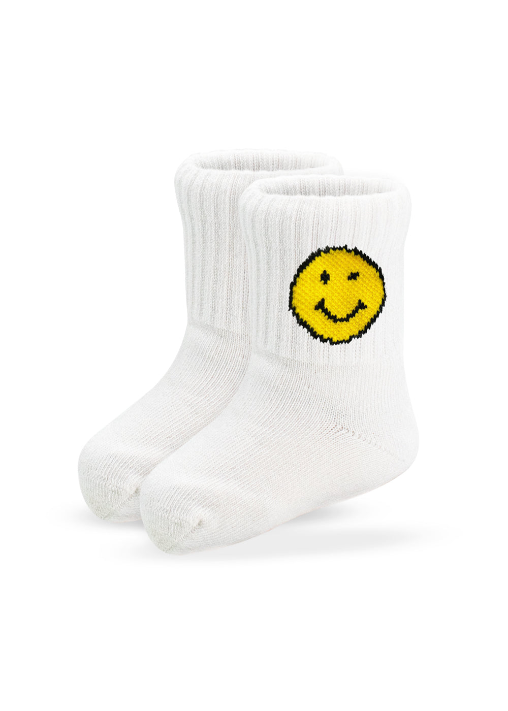 Ein Paar weiße, gerippte J.Clay-Socken mit einem leuchtend gelben Smiley-Motiv an der Seite.