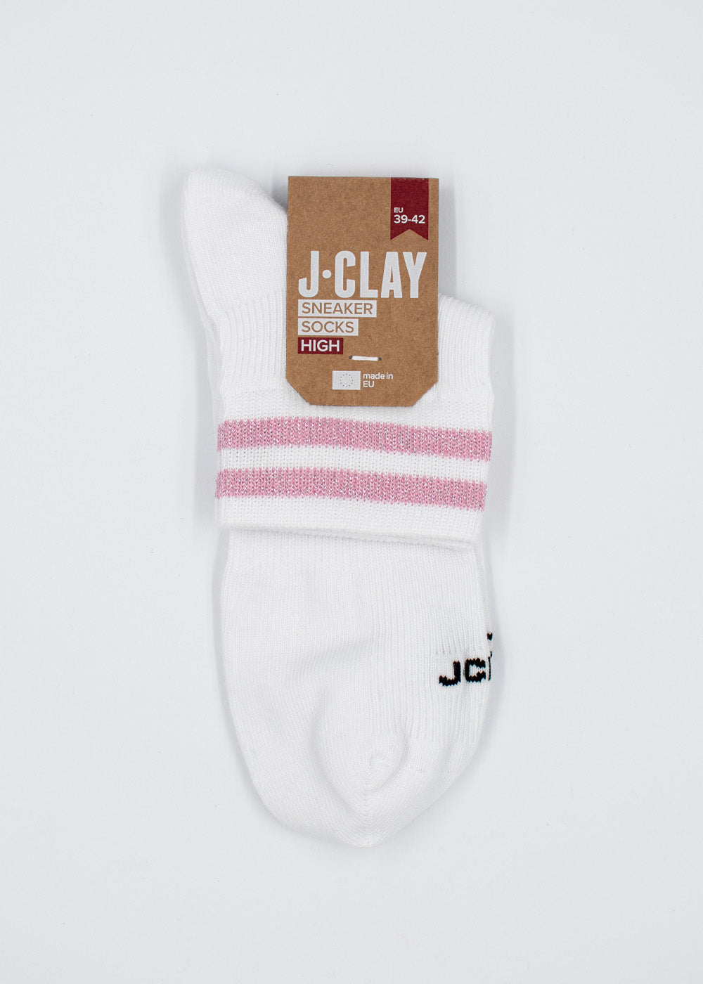 Weiße hohe Sneaker-Socken, rosa Glitzerstreifen, Marke J.Clay, Größe 39–42, „Glitter Stripes – SSH“.