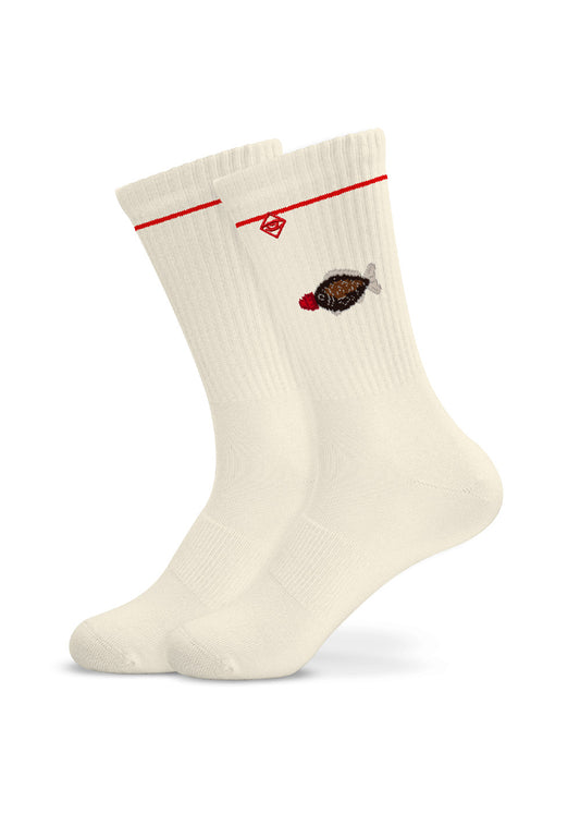 J.Clay Sushi Fish Socken - weiße Socken mit rotem Streifen, das perfekte Geschenk für Feinschmecker.