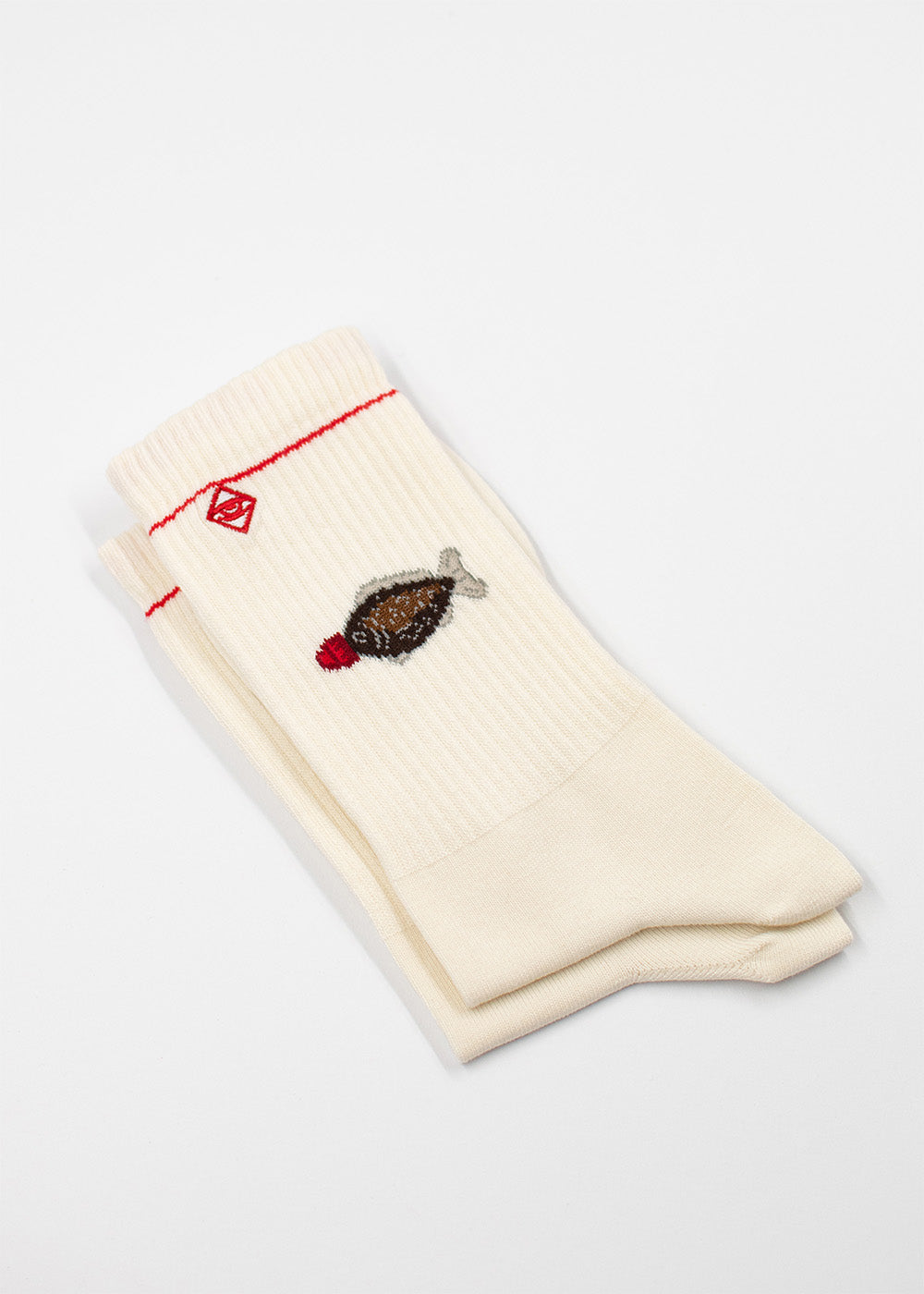 Cremefarbene J.Clay Sushi Fish Socken mit Sojasaucen-Fläschchen - Geschenk für Foodies.