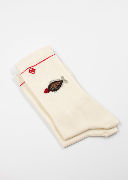 Cremefarbene J.Clay Sushi Fish Socken mit Sojasaucen-Fläschchen - Geschenk für Foodies.