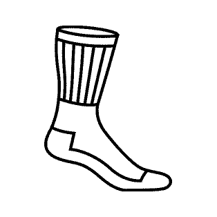 Einfache schwarz-weiße Strichzeichnung einer Socke, die oben gerippt ist und eine verstärkte Ferse und Spitze aufweist.