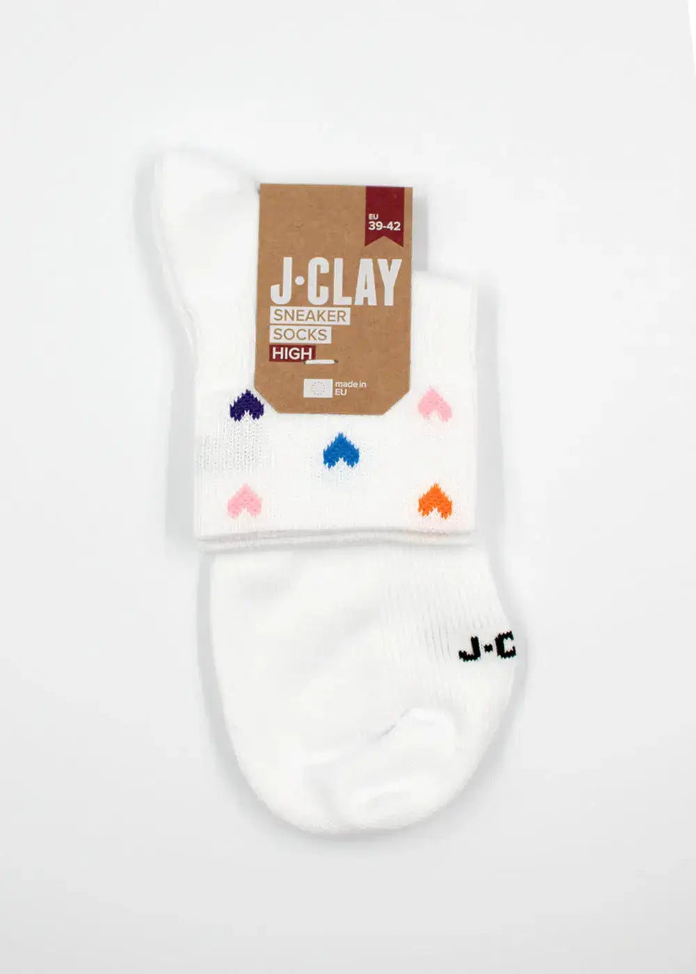 Spring Hearts - Sneaker Socken High von J.Clay mit Herzchen-Muster auf weißem Hintergrund.
