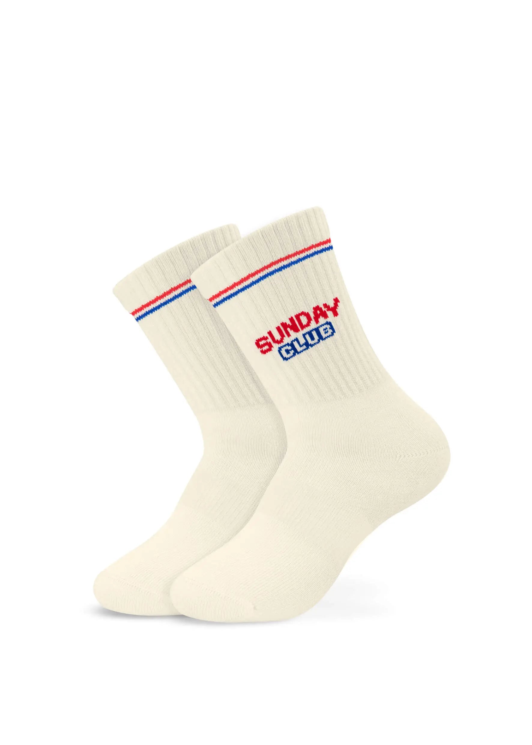 J.Clay Sunday Club - Kindersocken mit roten und blauen Streifen und dem Text SUNDAY CLUB an der Seite.