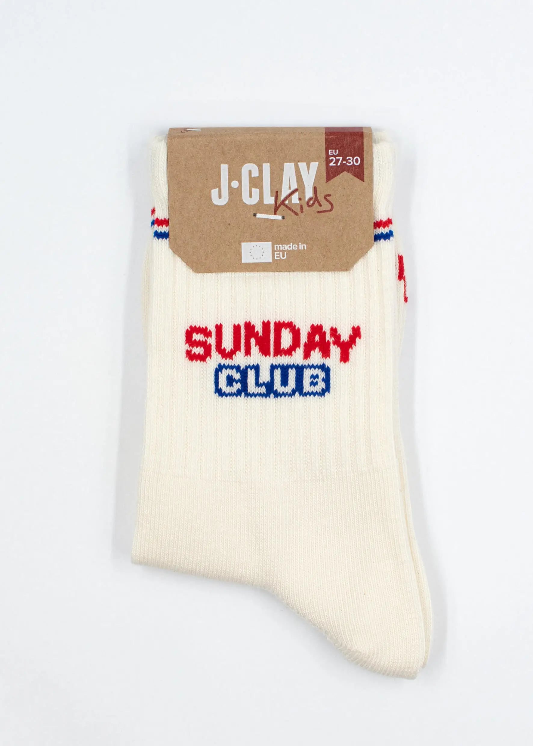 Superweiche, cremeweiße J.Clay Sunday Club Kids Socken mit rotem  blauem Schriftzug.