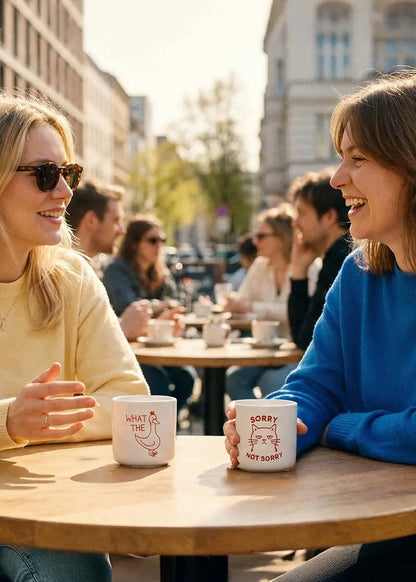 Zwei Frauen genießen J.Clay What the Duck-Tassen in einem Straßencafé und lächeln mit anderen im Hintergrund.