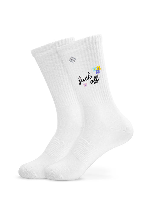 J.Clay Fuck Off – Tennissocken: weiße Socken mit bunten Blumen und der Aufschrift „Fuck Off“ am Bund.