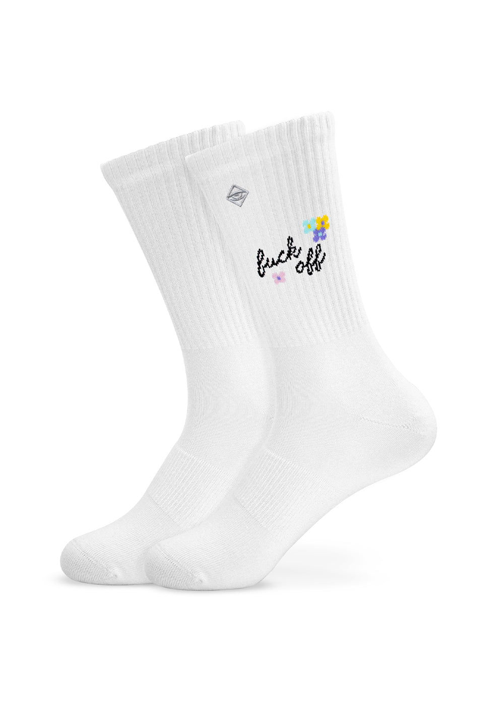 J.Clay Fuck Off – Tennissocken: weiße Socken mit bunten Blumen und der Aufschrift „Fuck Off“ am Bund.