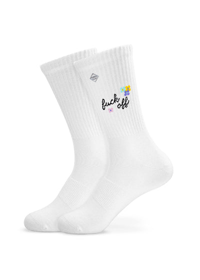 J.Clay Fuck Off – Tennissocken: weiße Socken mit bunten Blumen und der Aufschrift „Fuck Off“ am Bund.