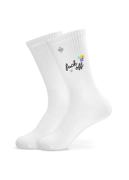 J.Clay Fuck Off – Tennissocken: weiße Socken mit bunten Blumen und der Aufschrift „Fuck Off“ am Bund.