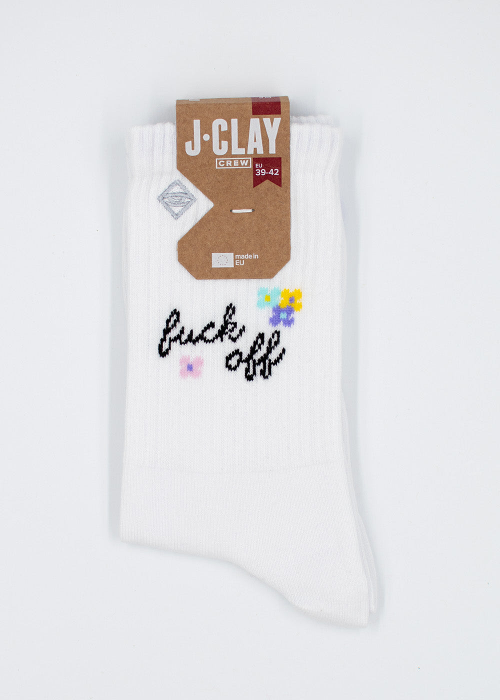 J.Clay „Fuck Off“-Tennissocken: Weiß mit Blumen und Spruch, stilvoll verpackt.